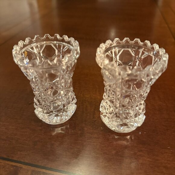 (2) Vintage Toothpick Holder Clear Lead Crystal Hexagon Pattern Unmarked - Picture 1 of 3